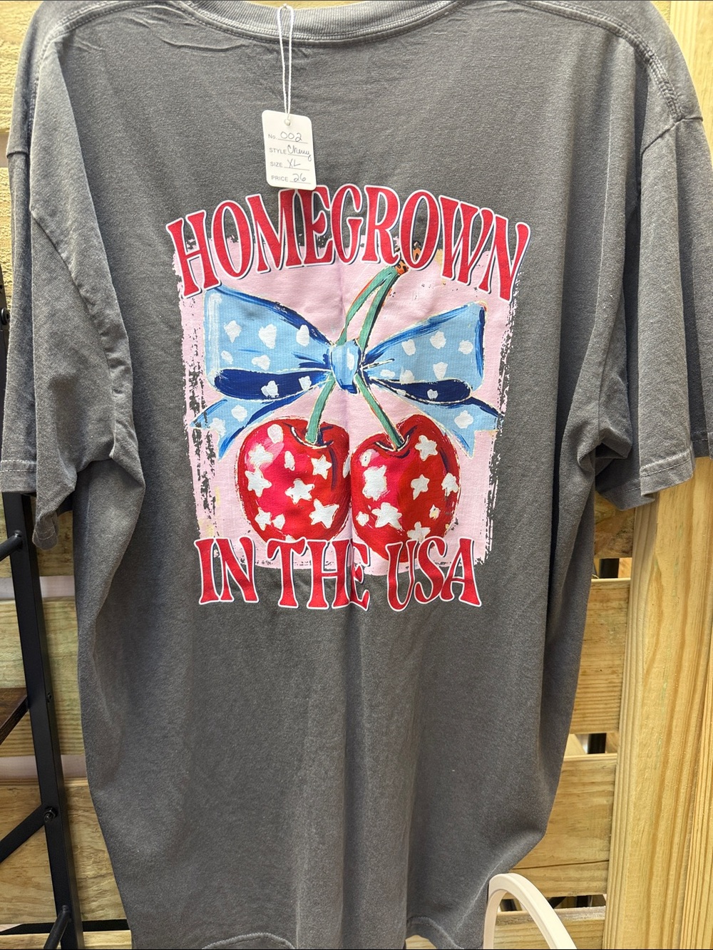 Comfort Colors Gray Tee with Red Cherry Graphic and Blue Bow